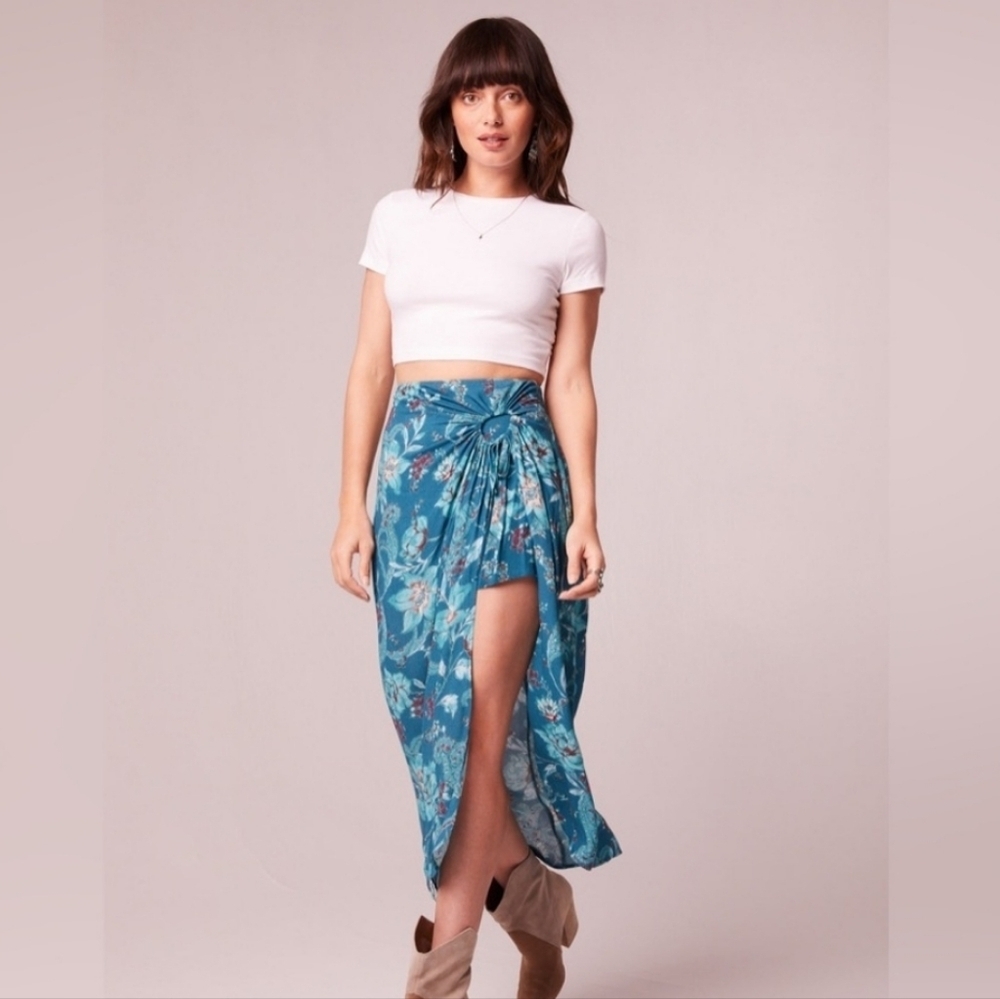 Floral Blue High-Slit Wrap Skirt